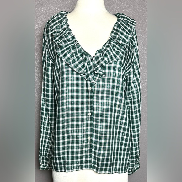 Ann Taylor Blouse Women’s M Green White Metallic Plaid Ruffle Flowy Classic Boho - Picture 1 of 9